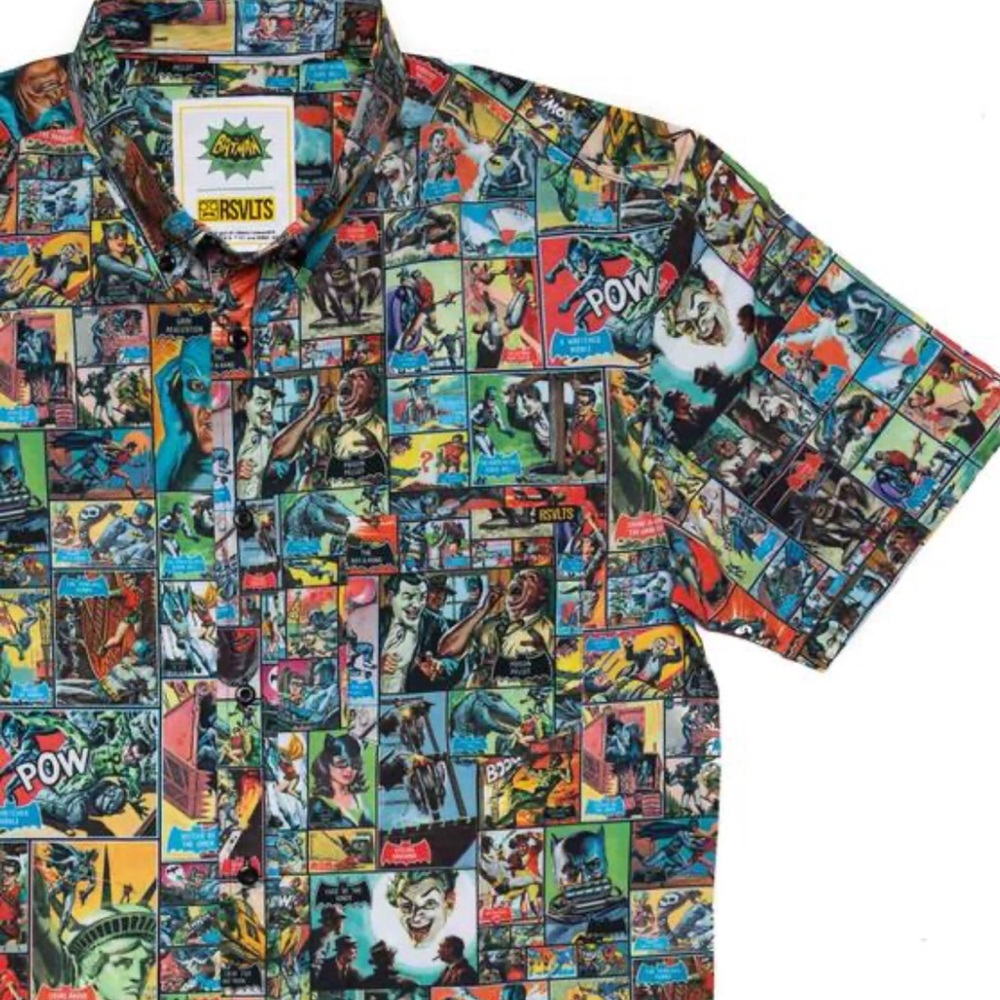 RSVLTS BATMAN Shirt DC Comics "Pow! Boom! Zing!" KUNUFLEX Short Sleeve Button Up